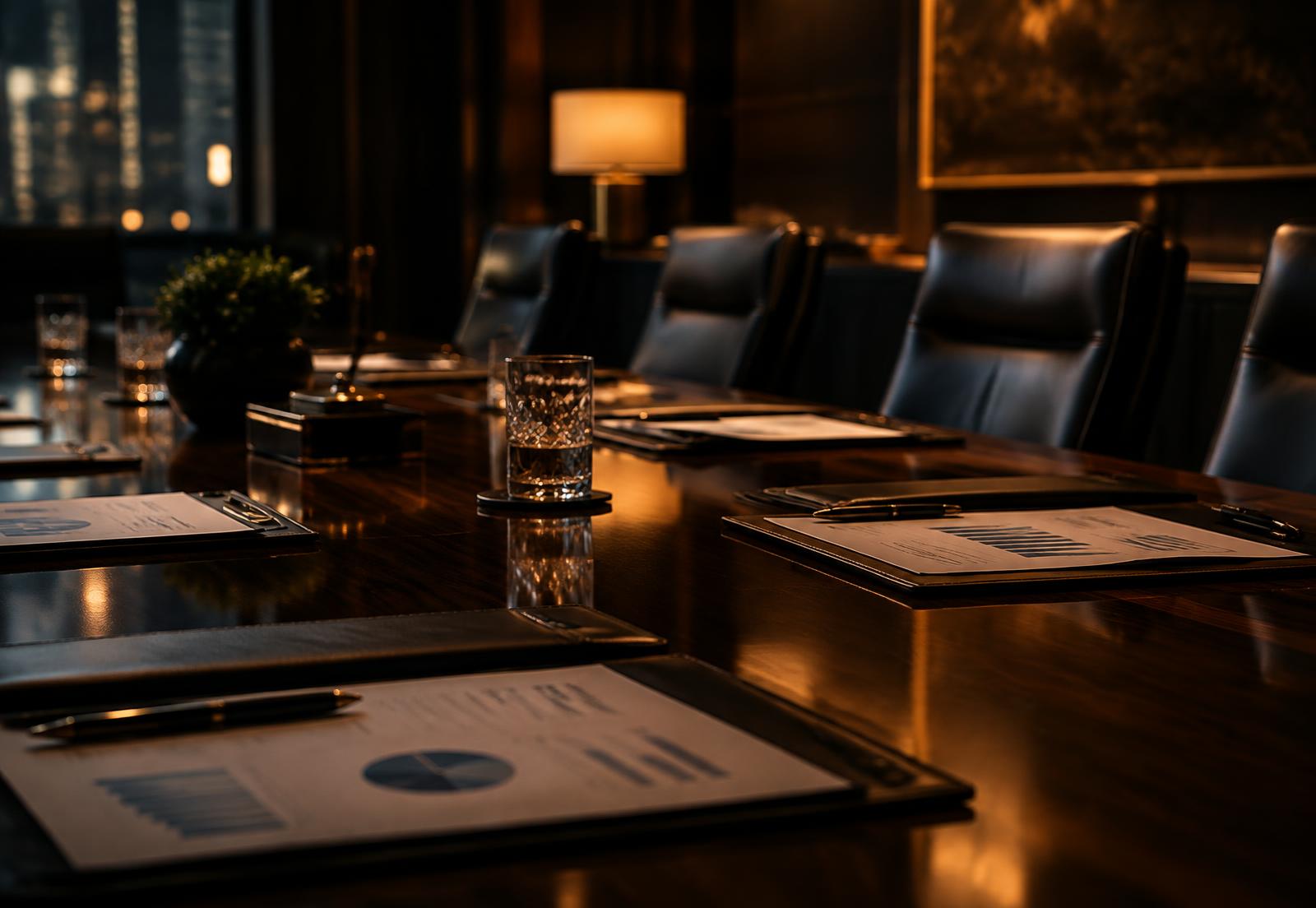 Mesa de reunião executiva com relatórios e gráficos